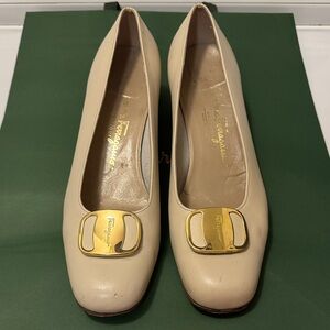 Salvatore Ferragamo Beige Heels with Gold Buckle